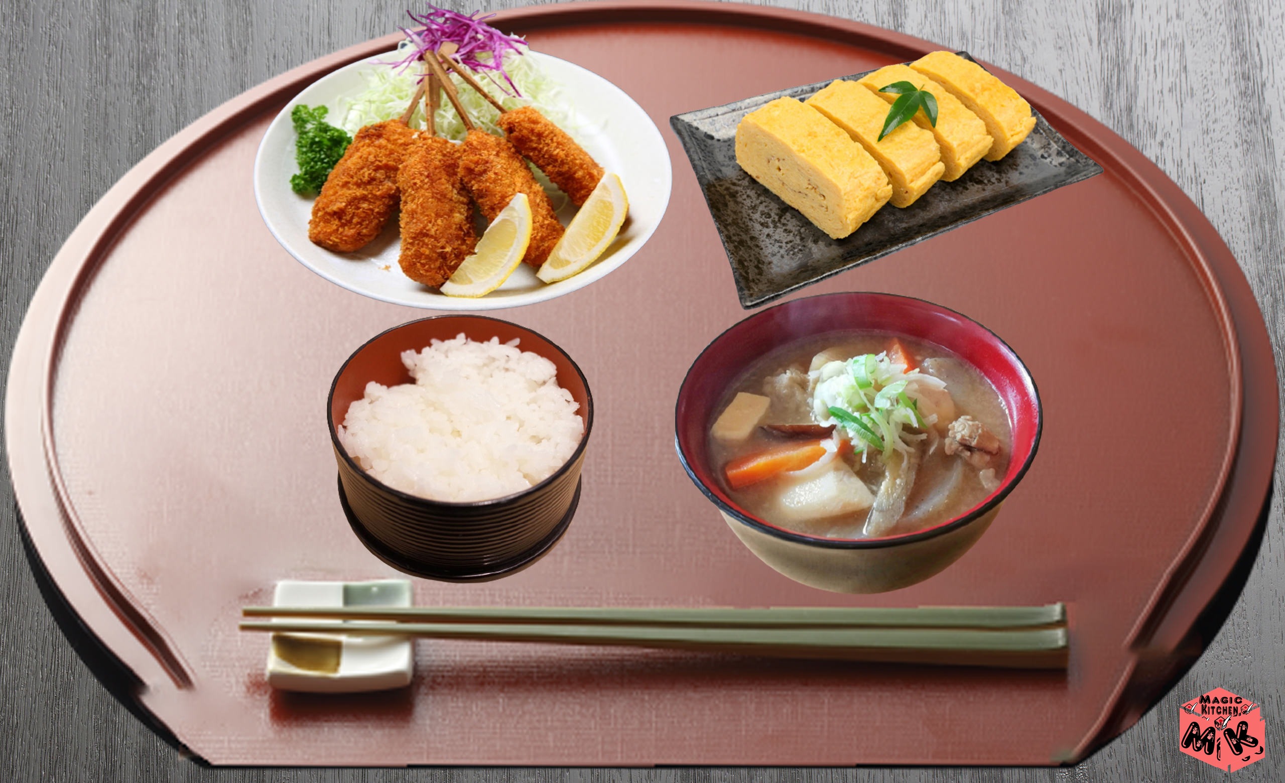 串カツがっつり派献立・だし巻玉子と豚汁