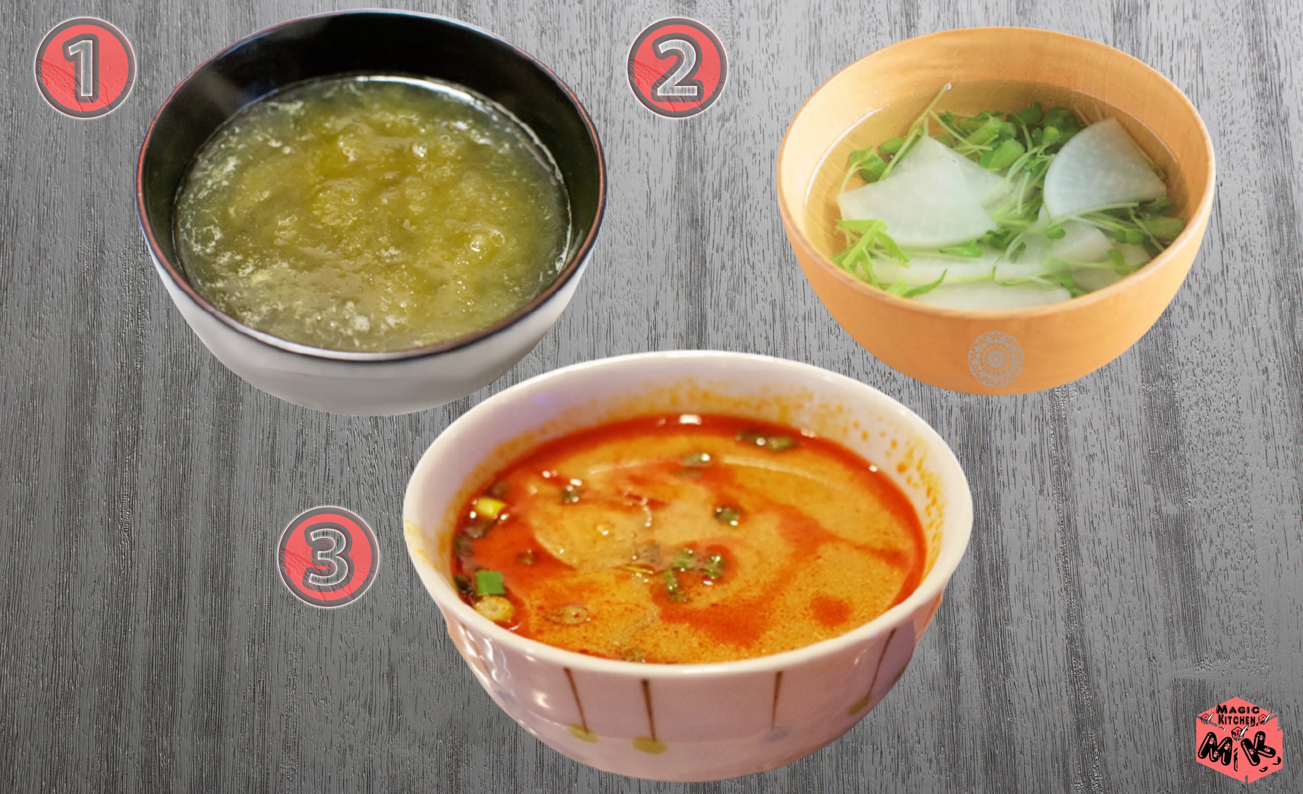 串カツに合う汁物3選・とろろ昆布味噌汁とすまし汁とトムヤムクン