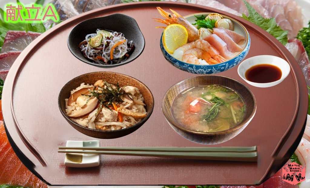 刺身献立A・五目炊き込みごはんとベーコン水菜の洋風味噌汁