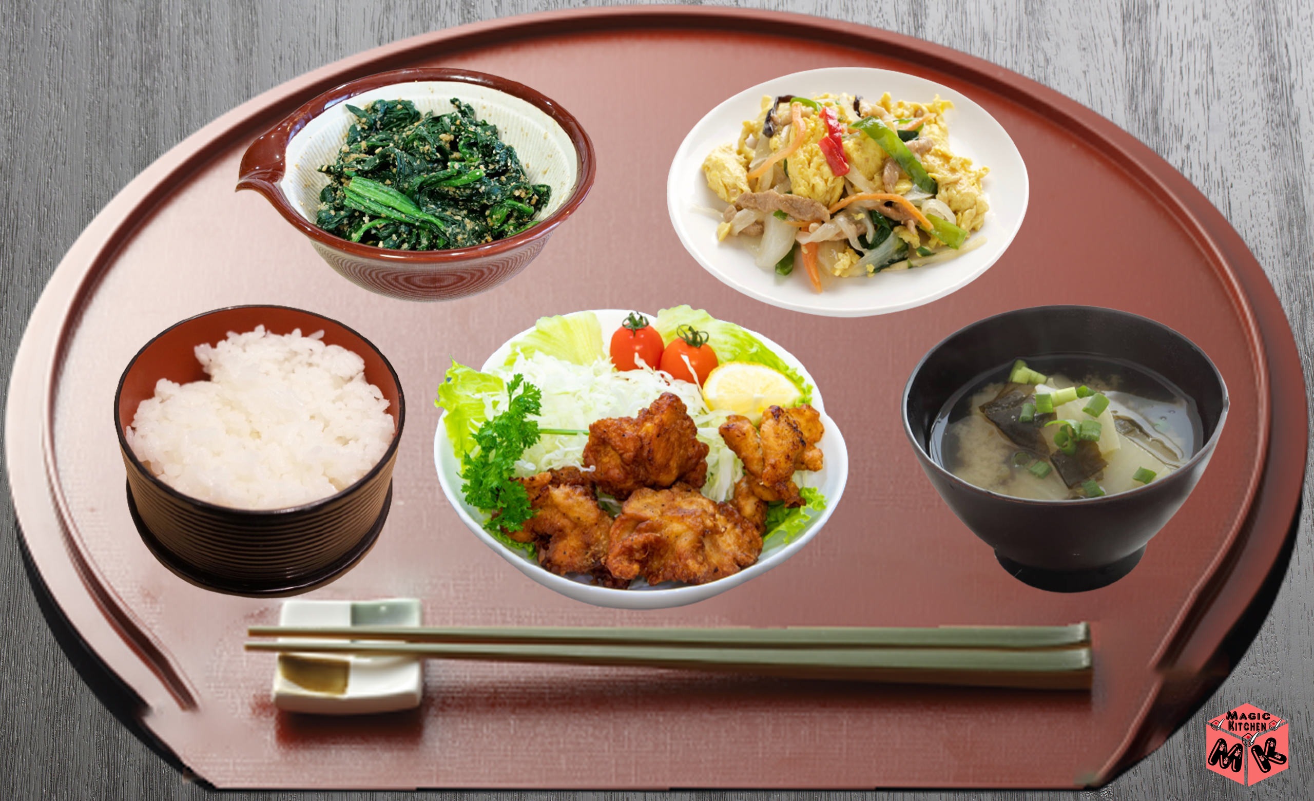 唐揚げあっさり派献立・ニラ玉中華炒めとほうれん草ごま和え