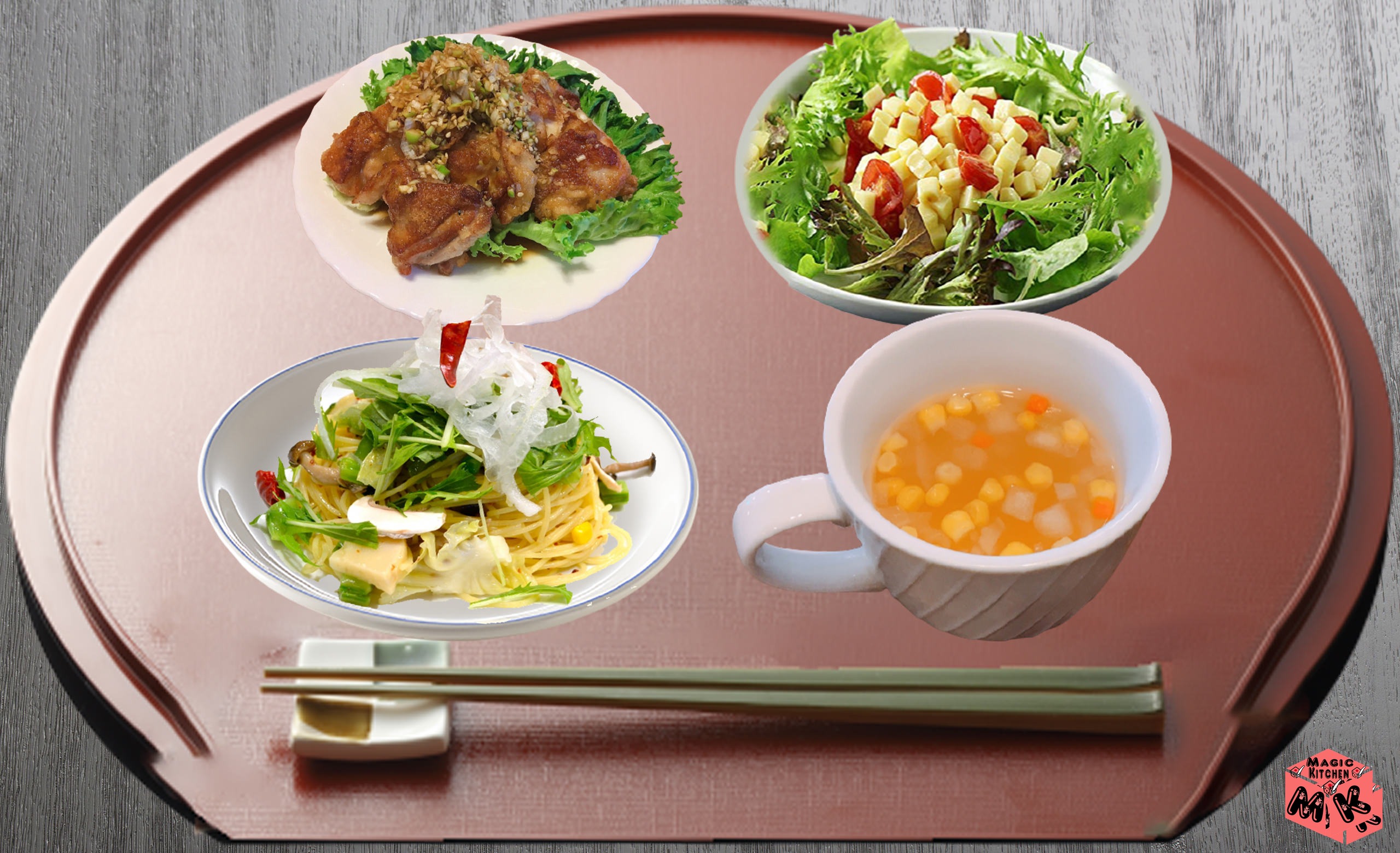 油淋鶏あっさり派献立・野菜パスタとダイスチーズサラダ