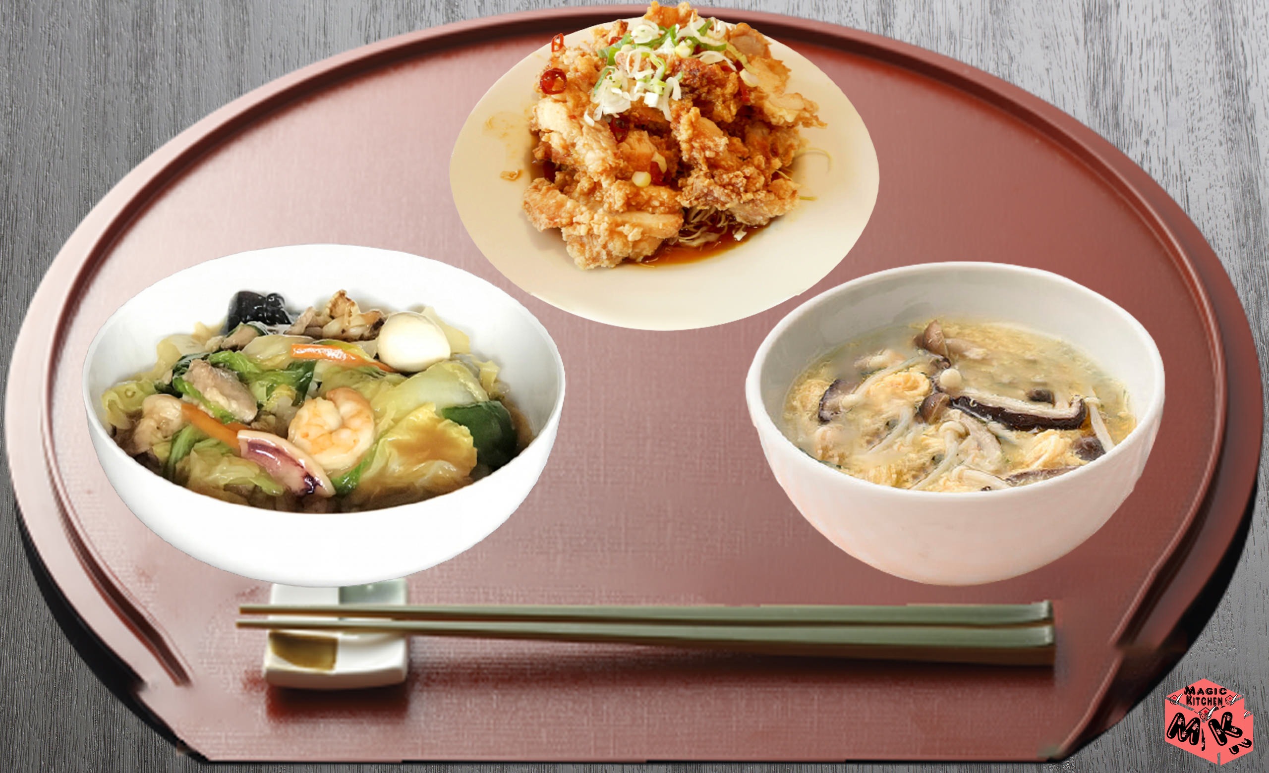 油淋鶏がっつり派献立・中華丼とキノコと玉子の中華スープ