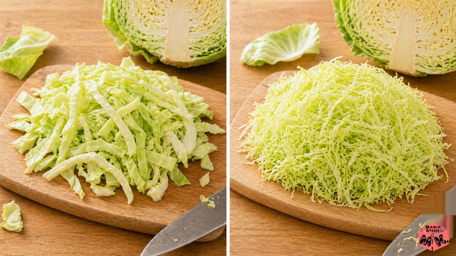 千切りキャベツ切り方NG例とOK例の比較