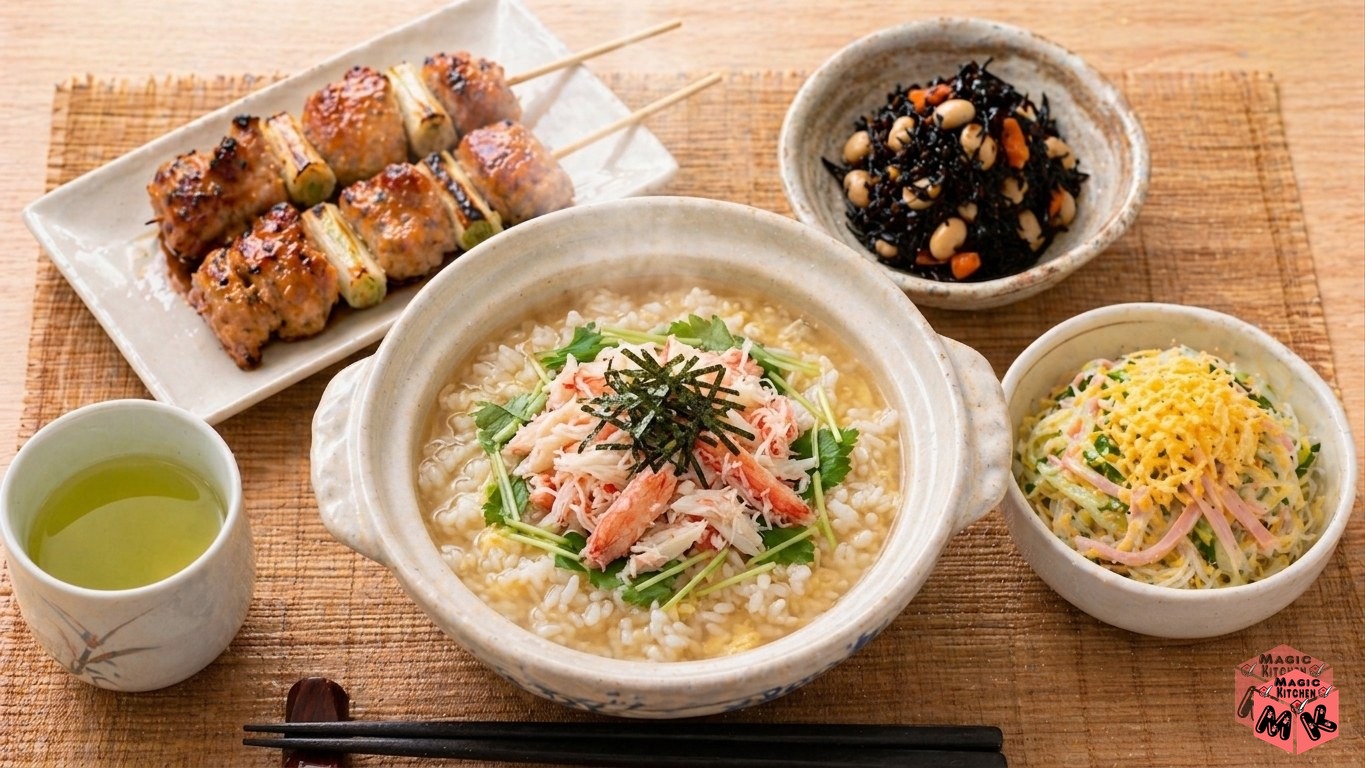 雑炊 献立A カニ雑炊＋ねぎま＋春雨サラダ
