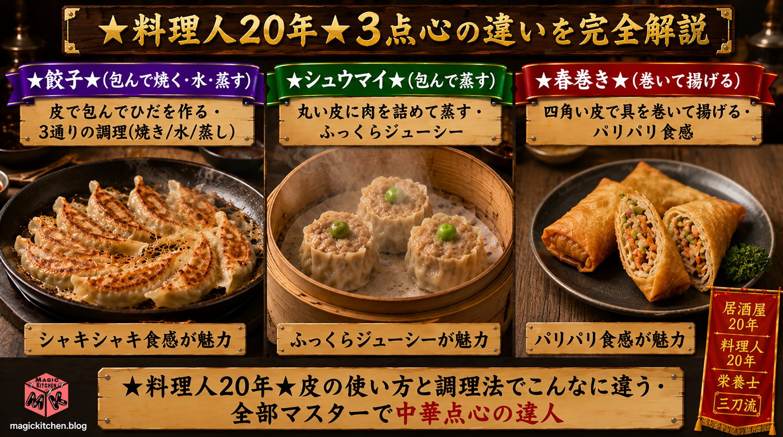 料理人20年★3点心の違いを完全解説（餃子・シュウマイ・春巻き）