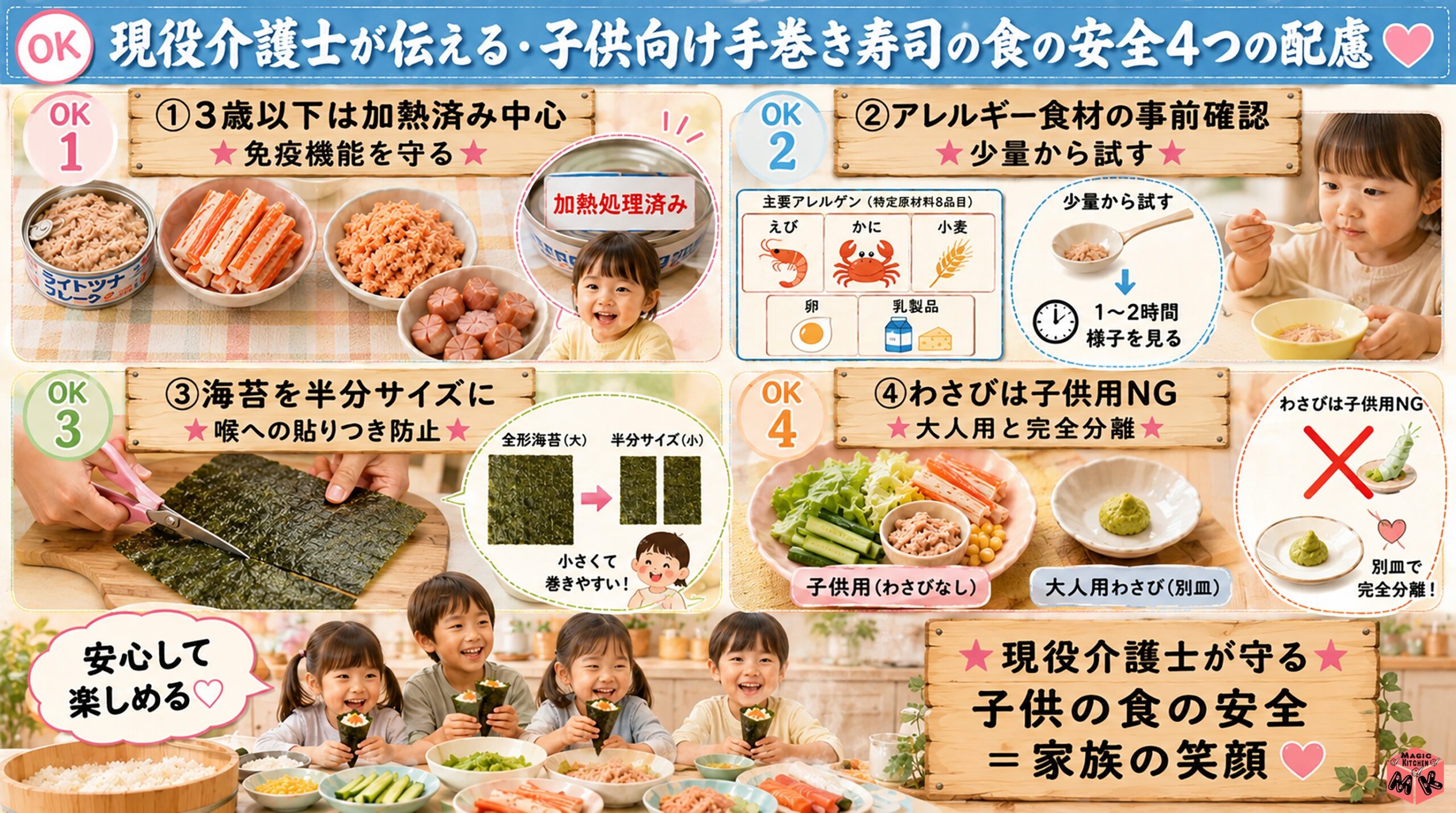 子供向け手巻き寿司の食の安全4配慮 加熱済み・アレルギー確認・海苔半分・わさび分離