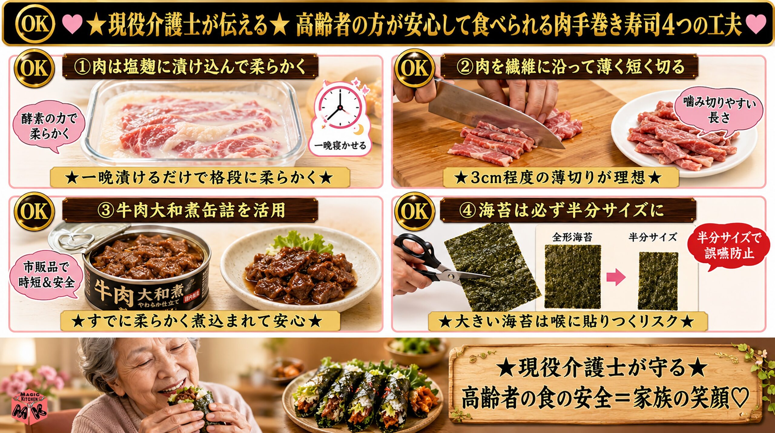 肉の手巻き寿司の高齢者向けアレンジ4工夫 塩麹漬け・薄切り・缶詰活用