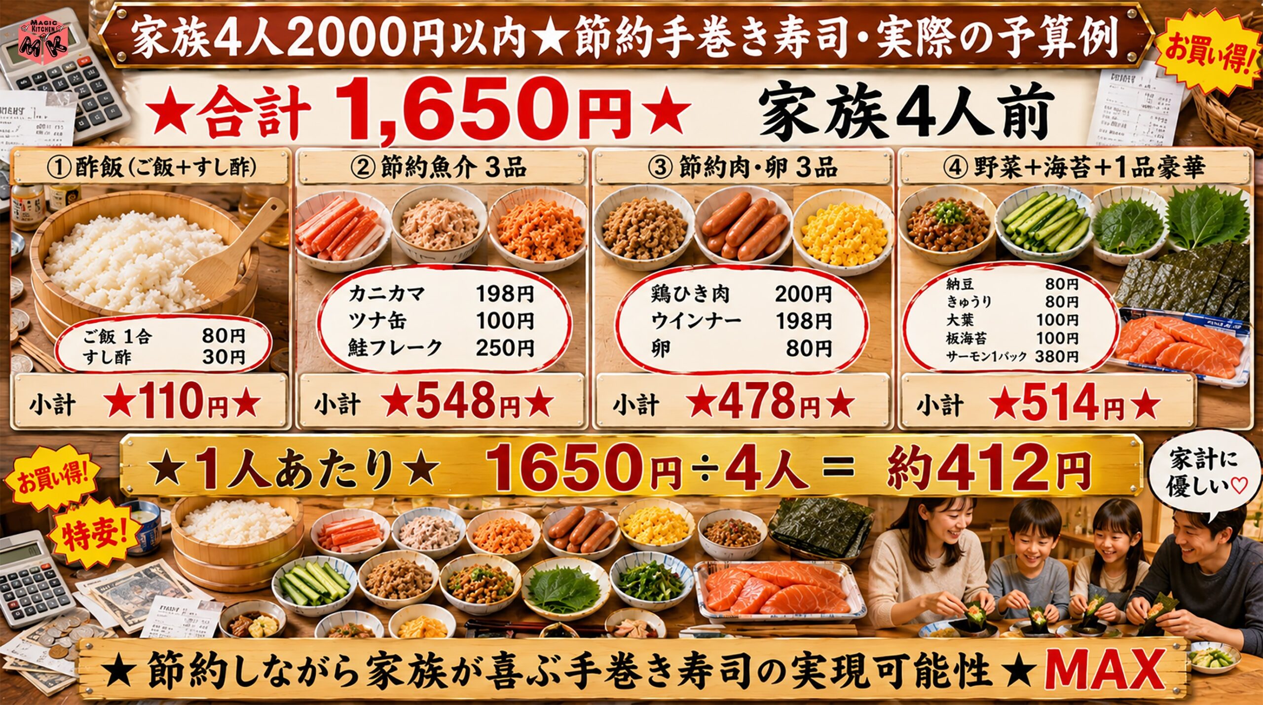 節約手巻き寿司の予算表 家族4人2000円以内 1人412円