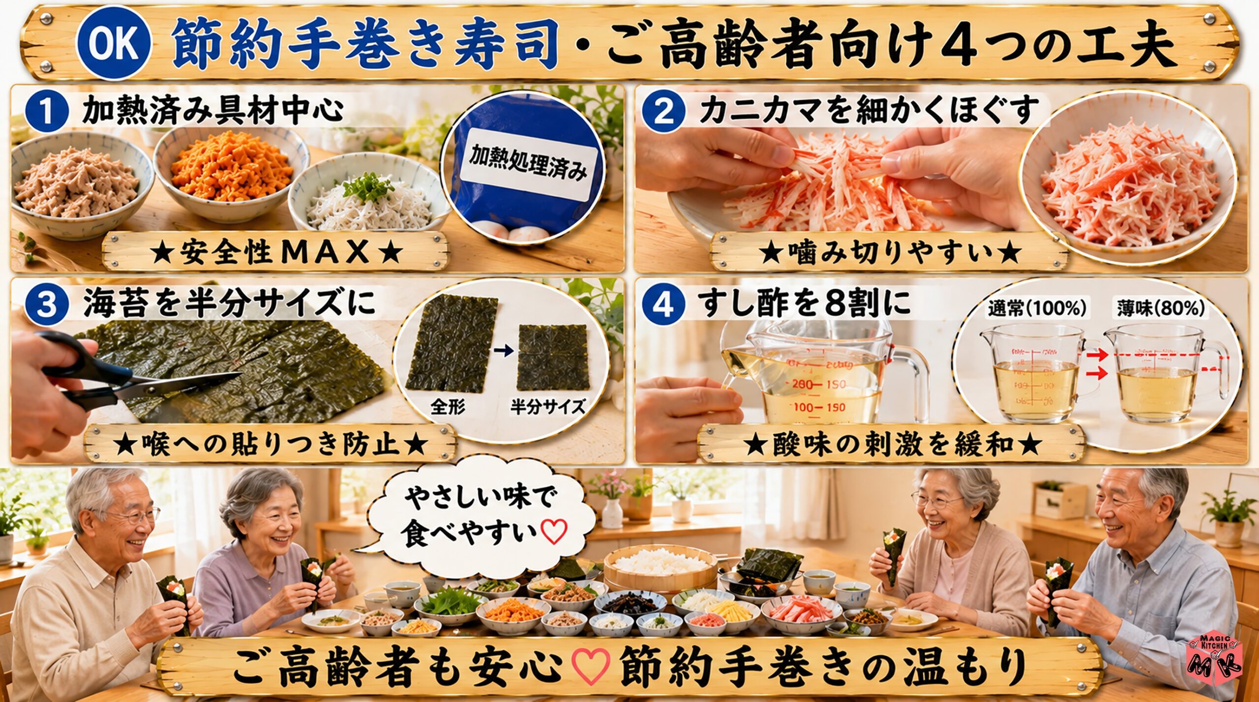 節約手巻き寿司の高齢者向け4工夫 加熱具材中心・カニカマほぐす・海苔半分・すし酢8割