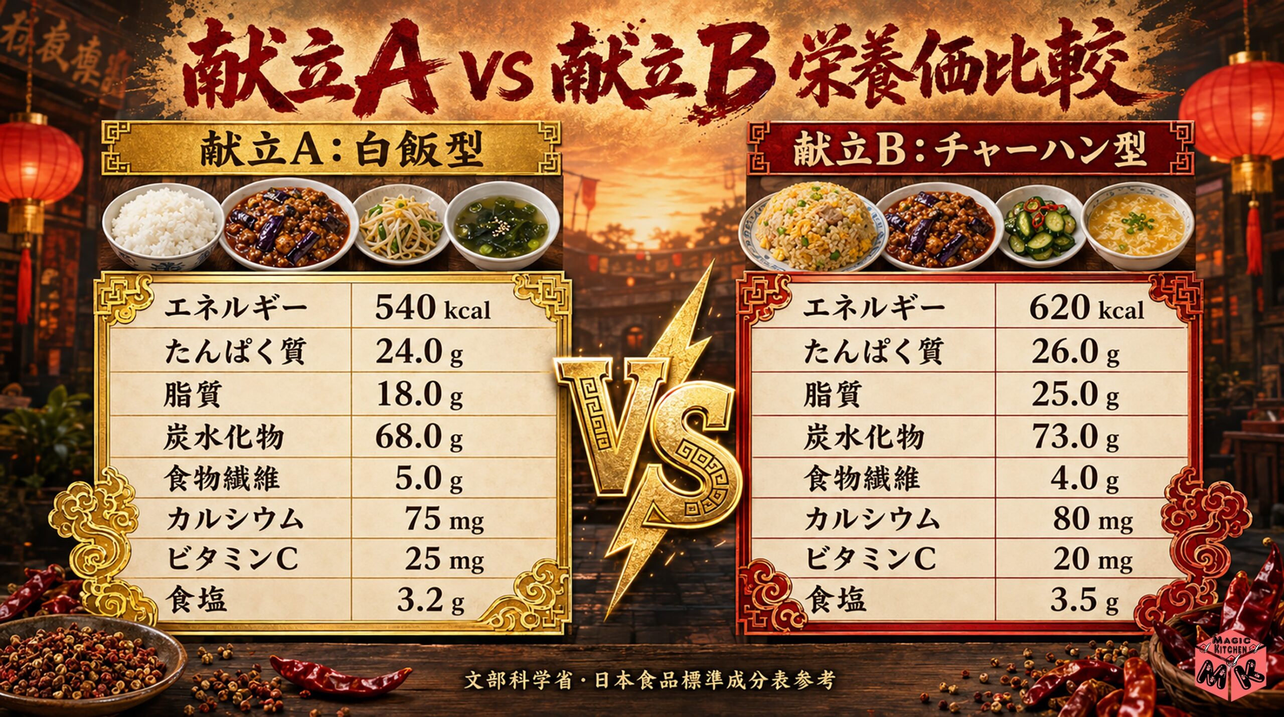麻婆茄子の献立A vs 献立B 栄養価比較