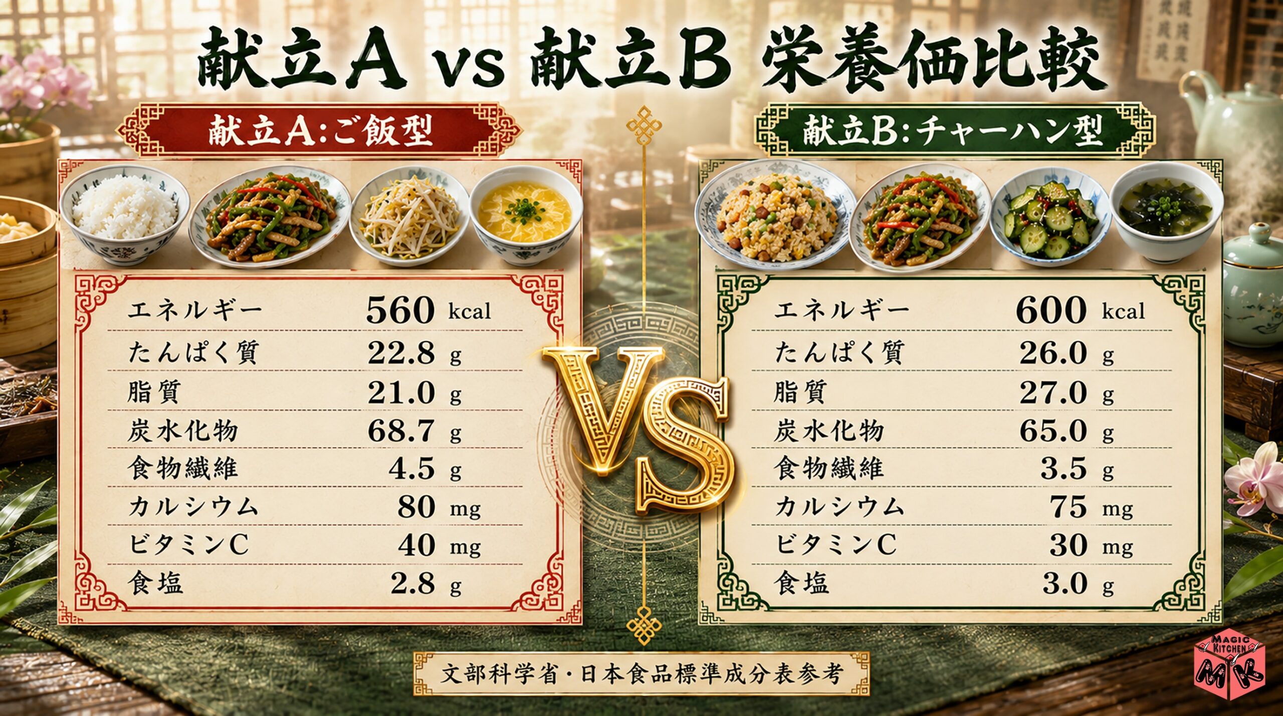 青椒肉絲の献立A vs 献立B 栄養価比較