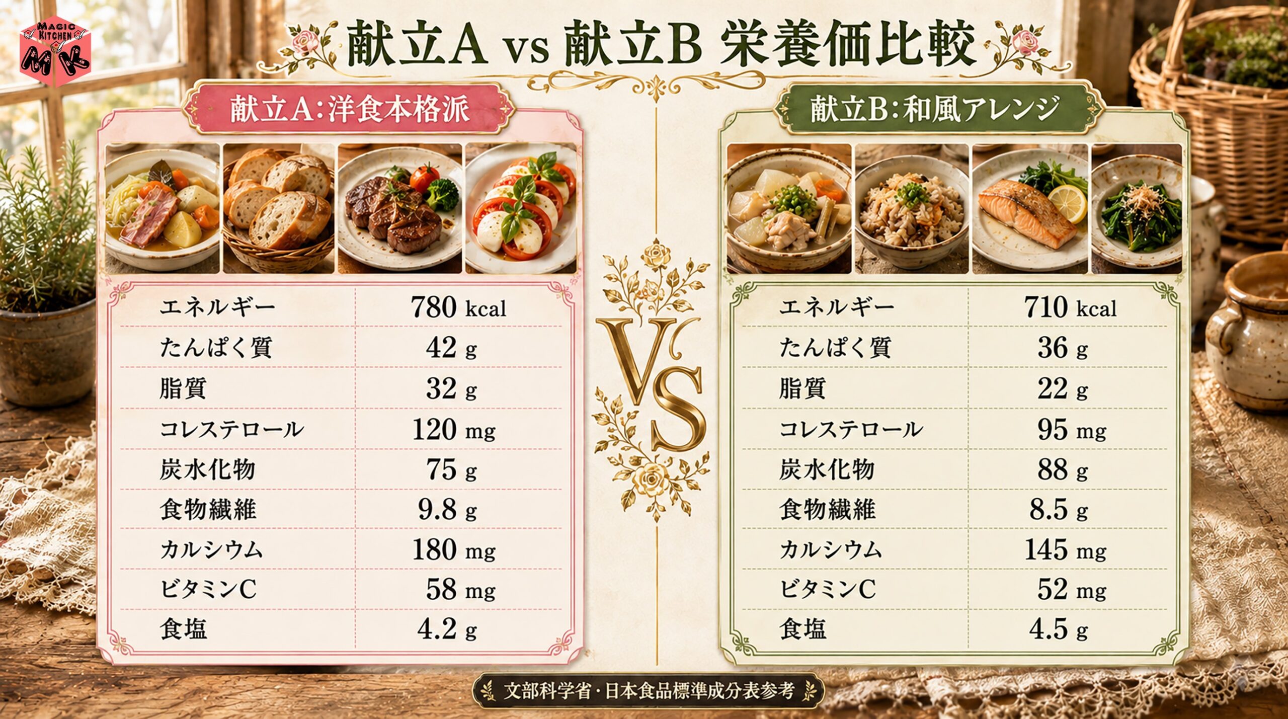 献立A vs 献立B 栄養価比較