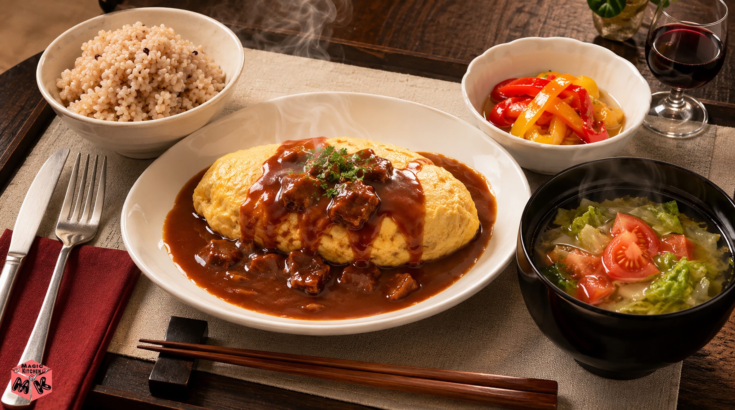 フッくんの店メニュー献立例A ひき肉オムレツ定食