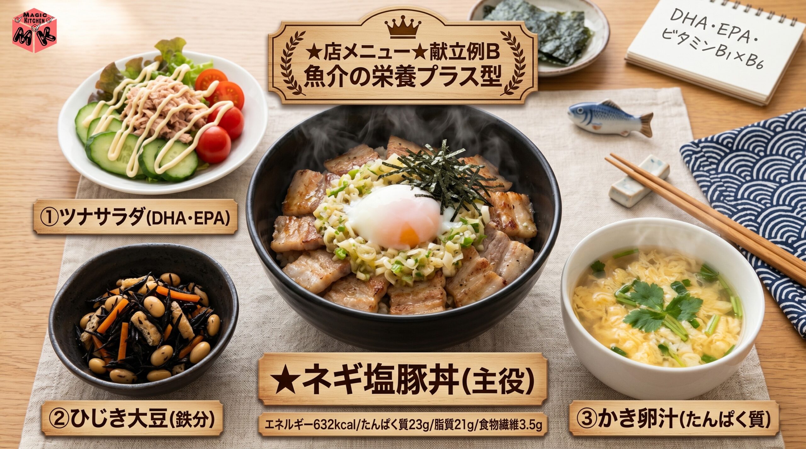 ネギ塩豚丼の献立例B 魚介の栄養プラス型