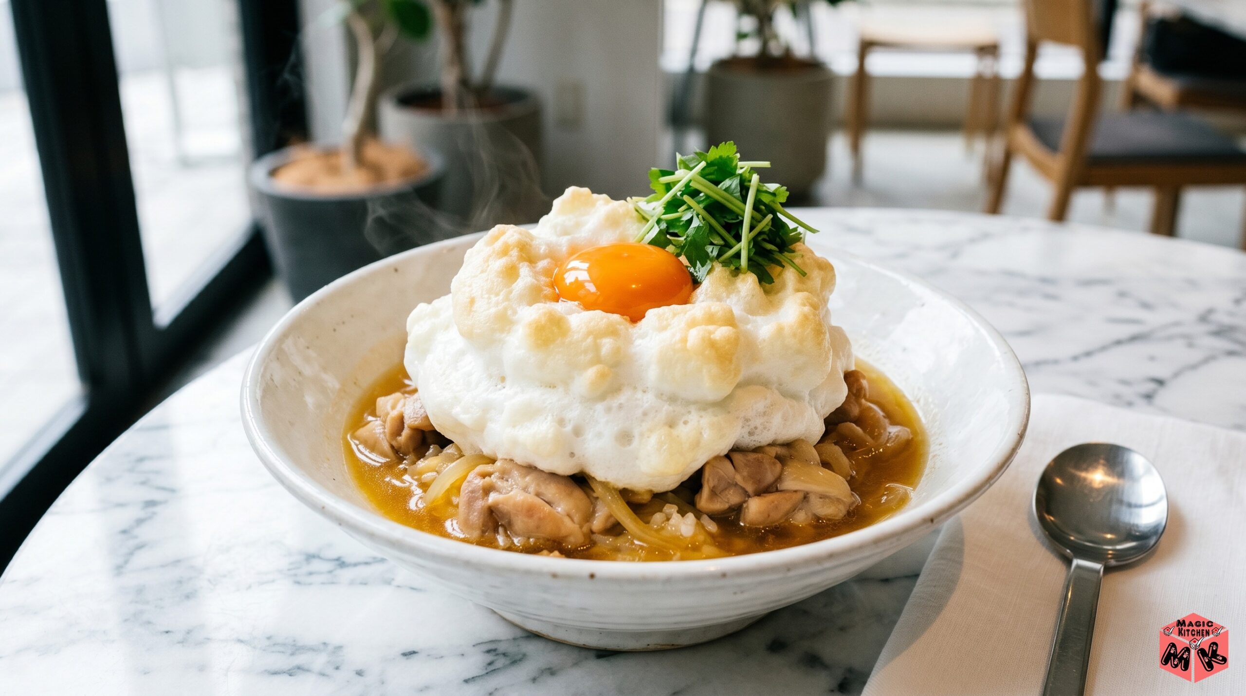 親子丼のメレンゲ仕上げ・ふわふわ卵