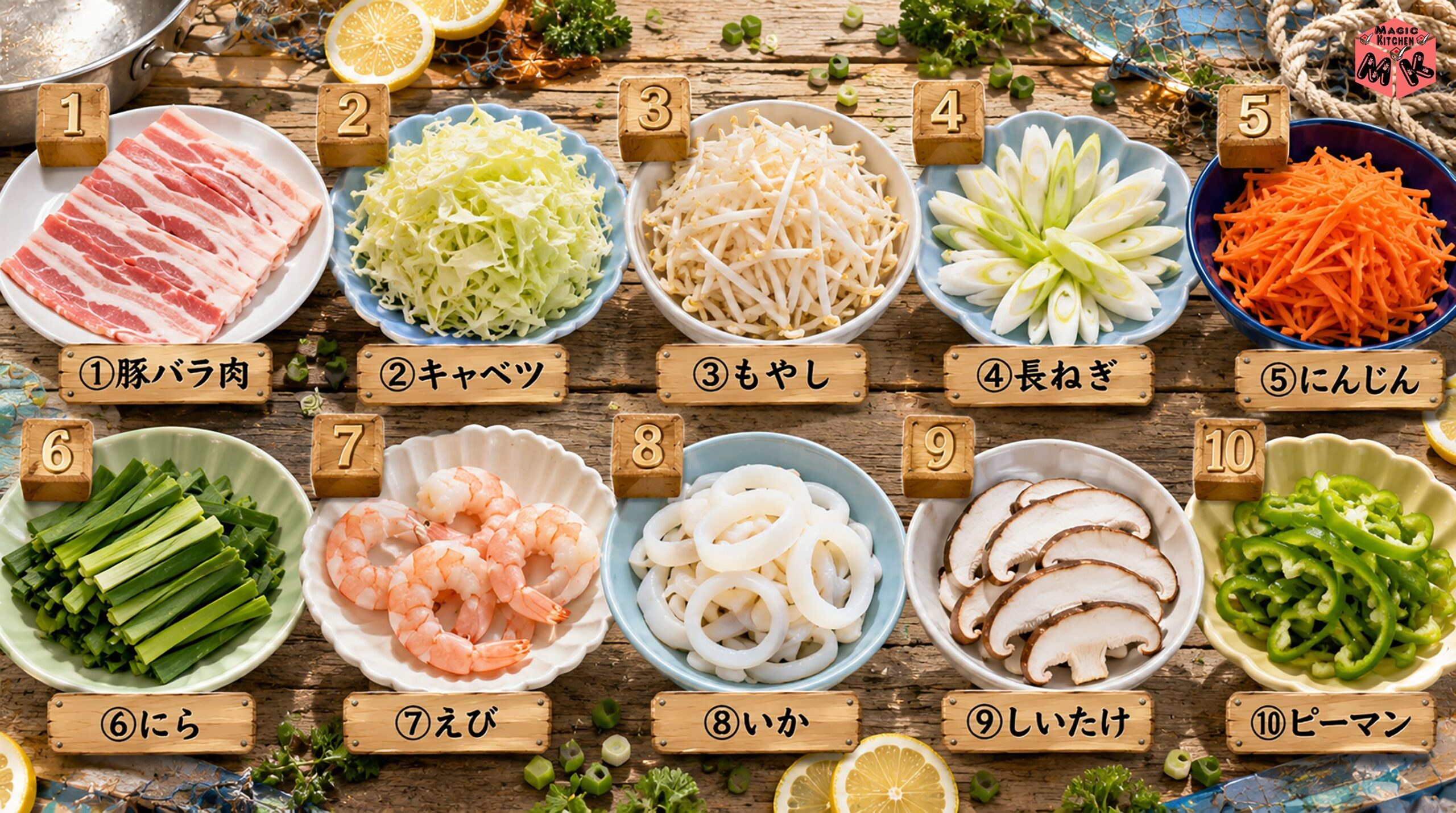 塩焼きそばの定番具材10選 豚バラ・キャベツ・もやし・長ねぎ・にんじん・にら・えび・いか・しいたけ・ピーマン
