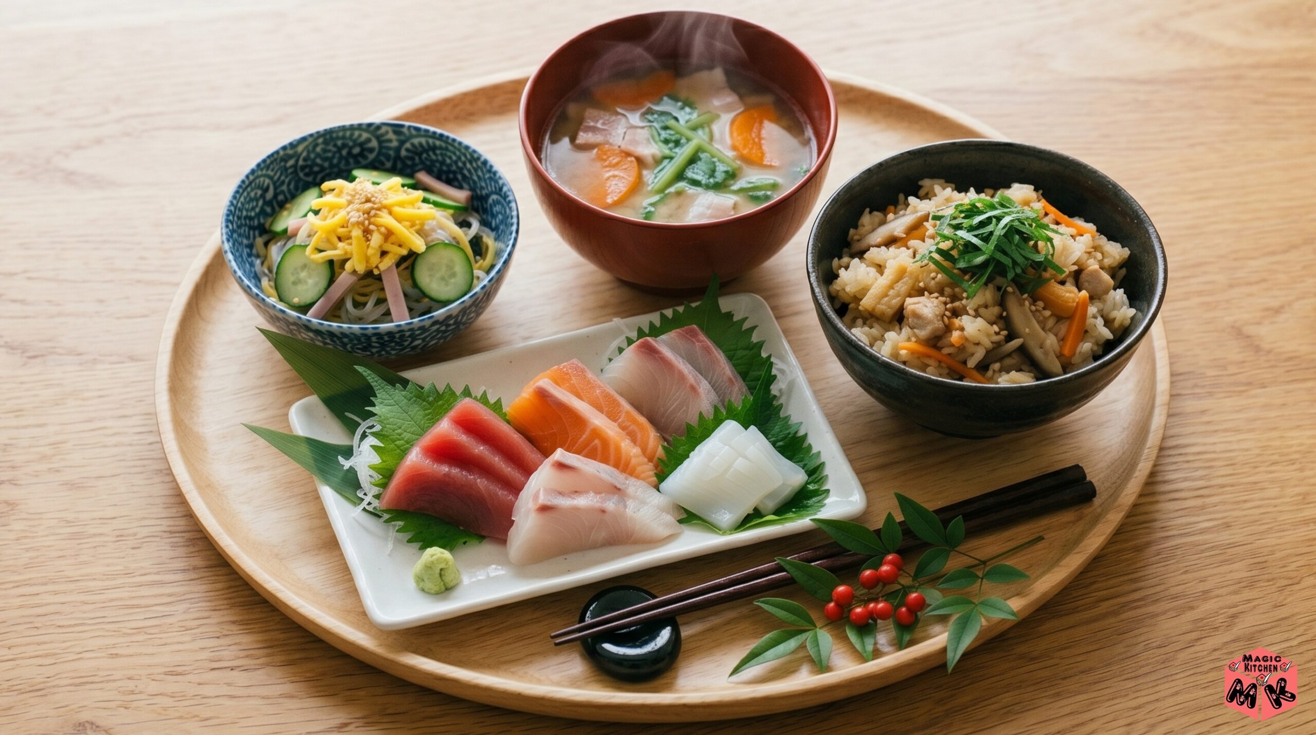 刺身献立A・五目炊き込みごはんとベーコン水菜の洋風味噌汁
