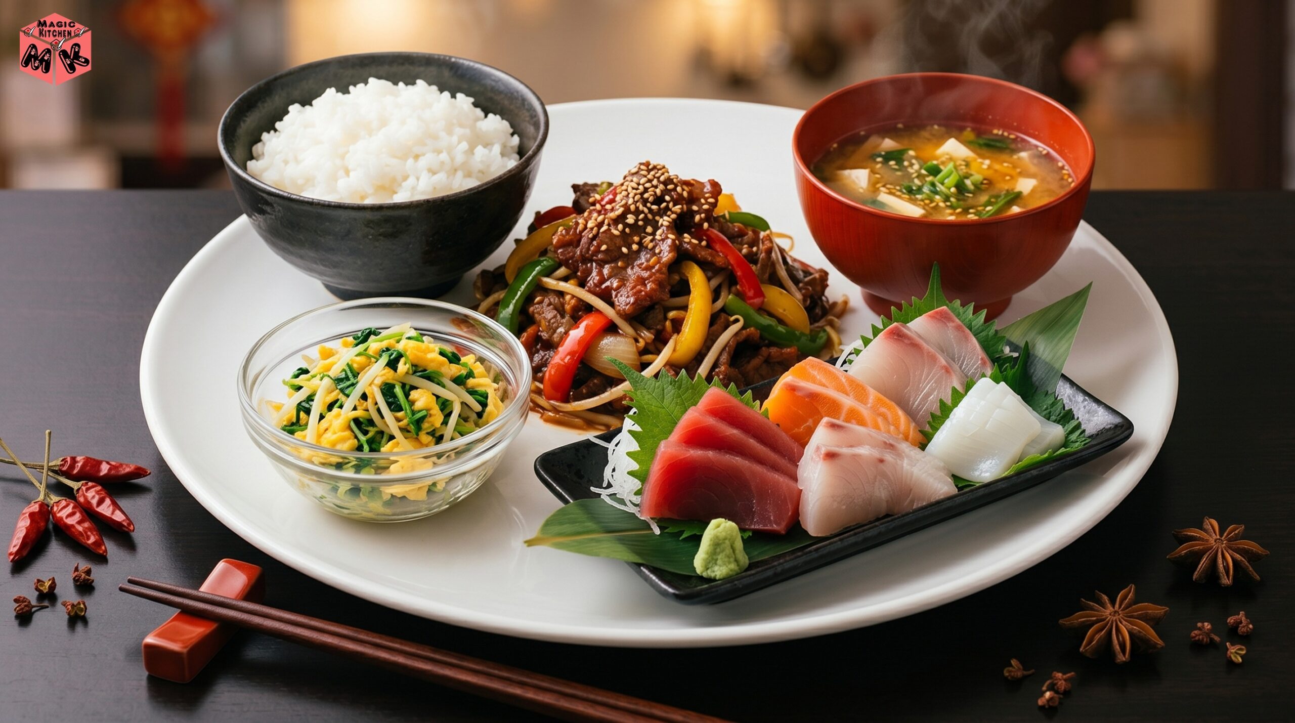 刺身献立B・牛肉と野菜のXO醤炒めと豆苗の卵とじ