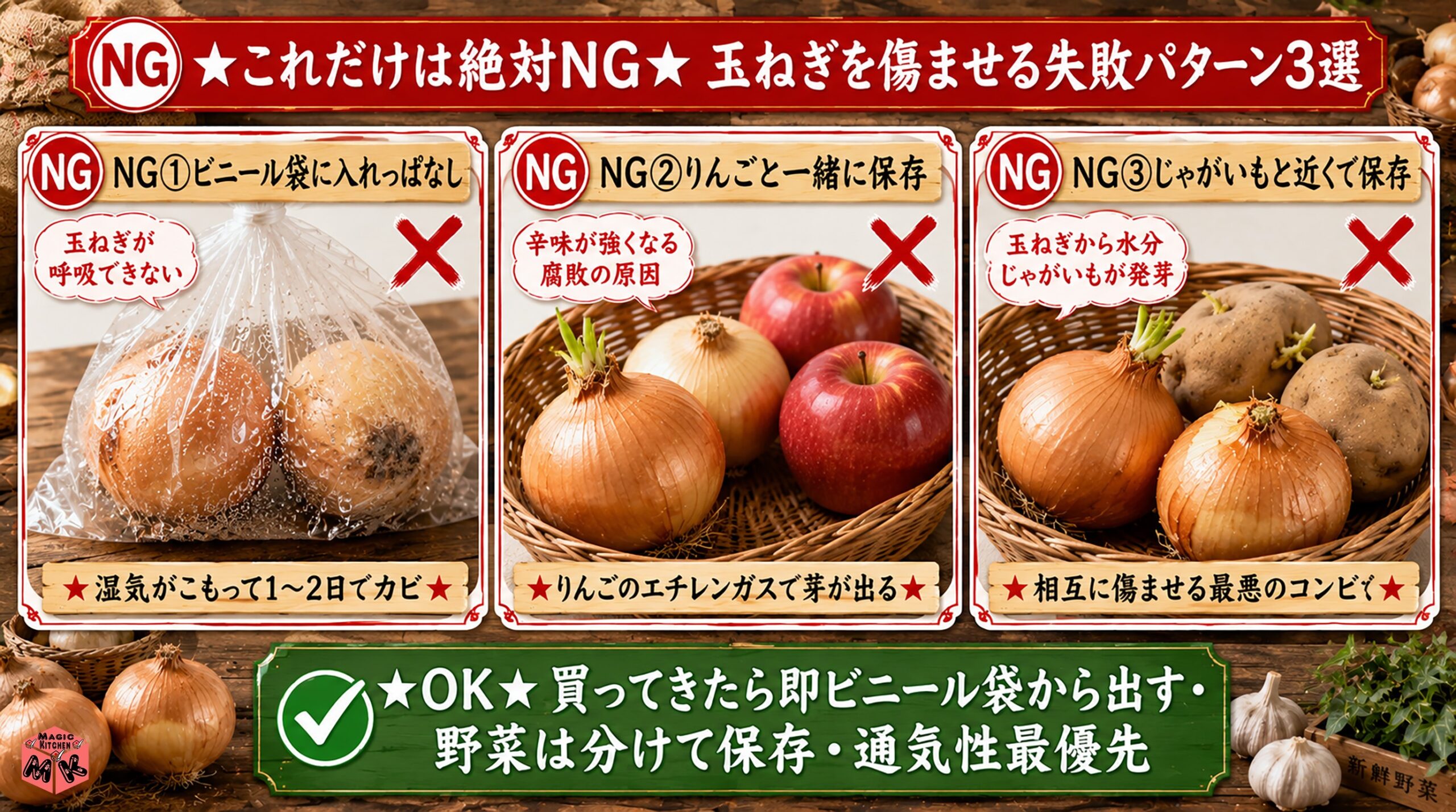 料理人20年のNG玉ねぎ保存3選 ビニール袋・りんご・じゃがいも併存