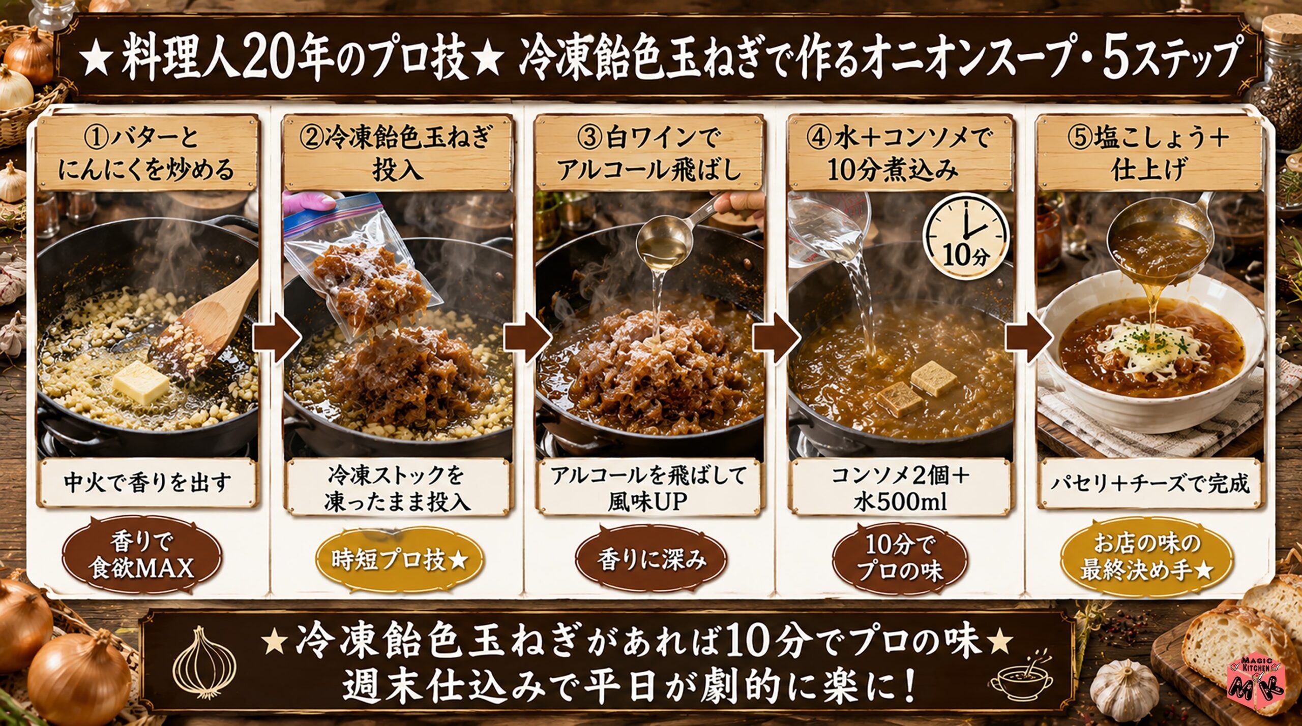 保存後の玉ねぎ絶品リメイクレシピ 飴色オニオンスープ・冷凍活用