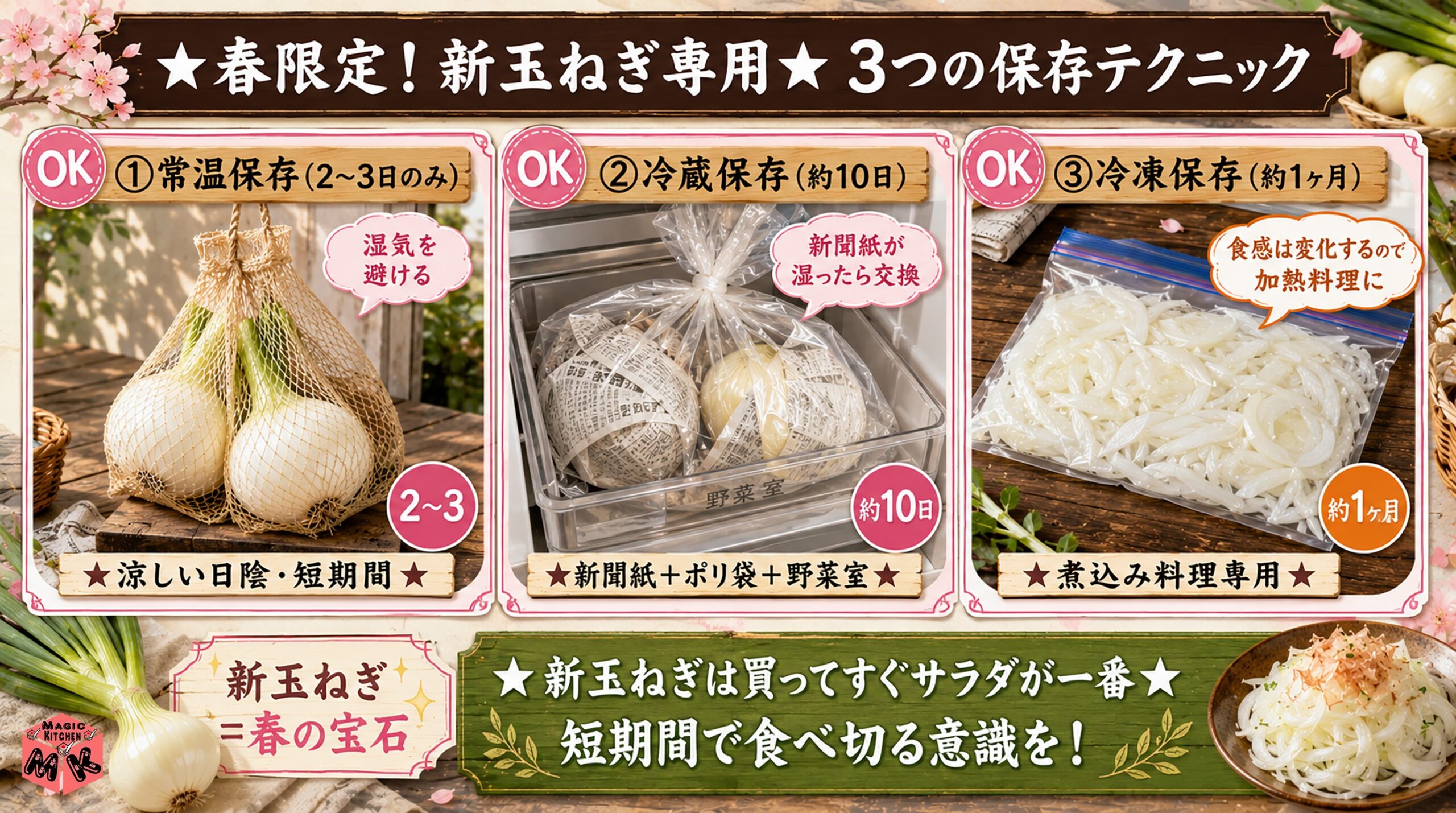 新玉ねぎ専用の保存テクニック 常温2〜3日・冷蔵10日・冷凍1ヶ月