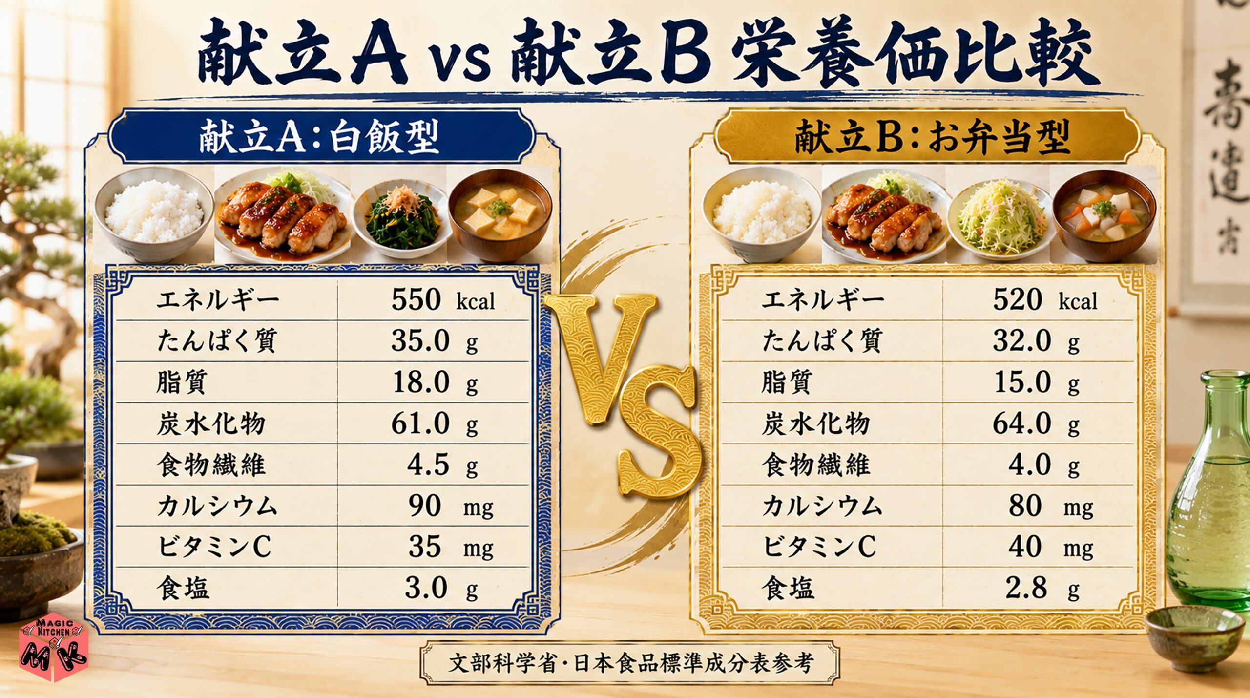 照り焼きチキンの献立A vs 献立B 栄養価比較