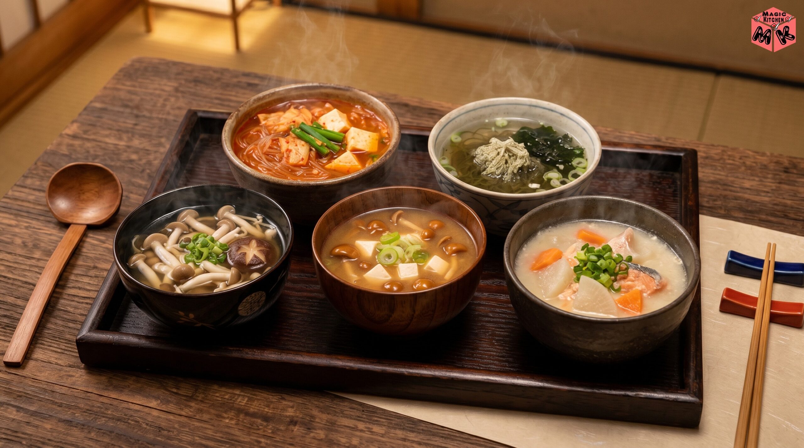 とんかつに合うスープ5選・キノコ汁チゲ春雨なめこ味噌汁