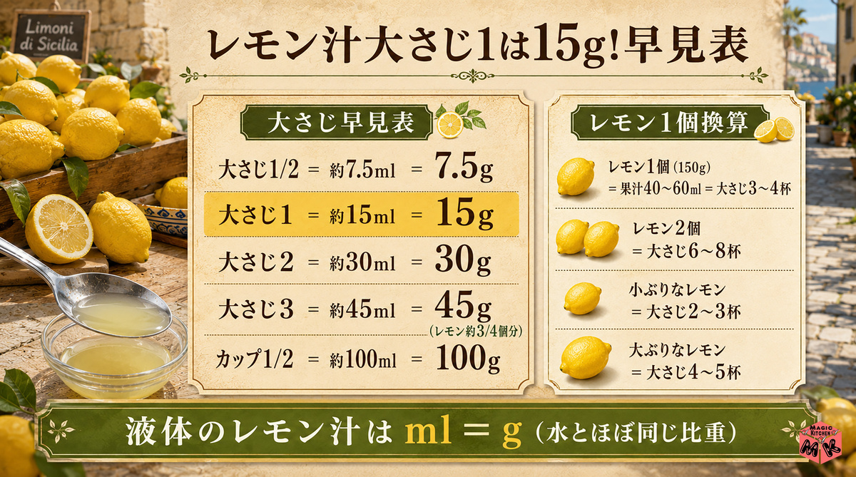 レモン汁大さじ1 15g早見表