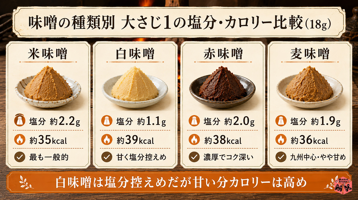 味噌大さじ1 種類別塩分・カロリー