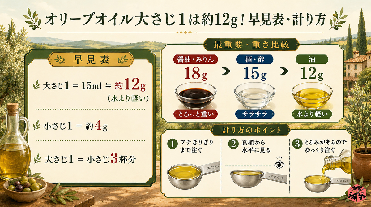 オリーブオイル大さじ1 12g早見表・計り方