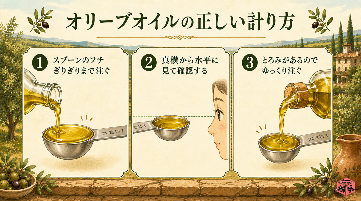 オリーブオイルの正しい計り方 3手順
