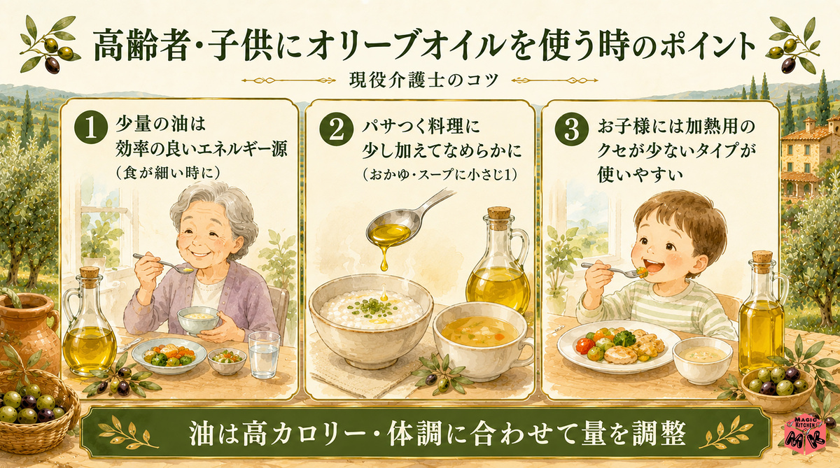 高齢者・子供にオリーブオイルを使う時のポイント