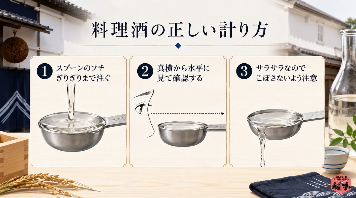 料理酒の正しい計り方 3手順