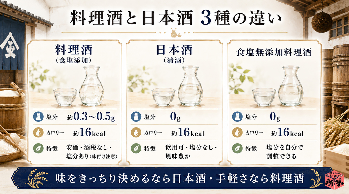 料理酒と日本酒の違い 3種