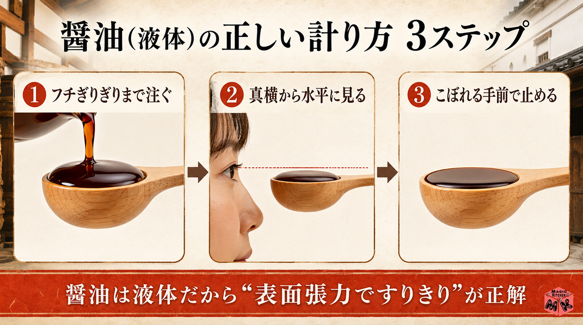 醤油の正しい計り方 3ステップ