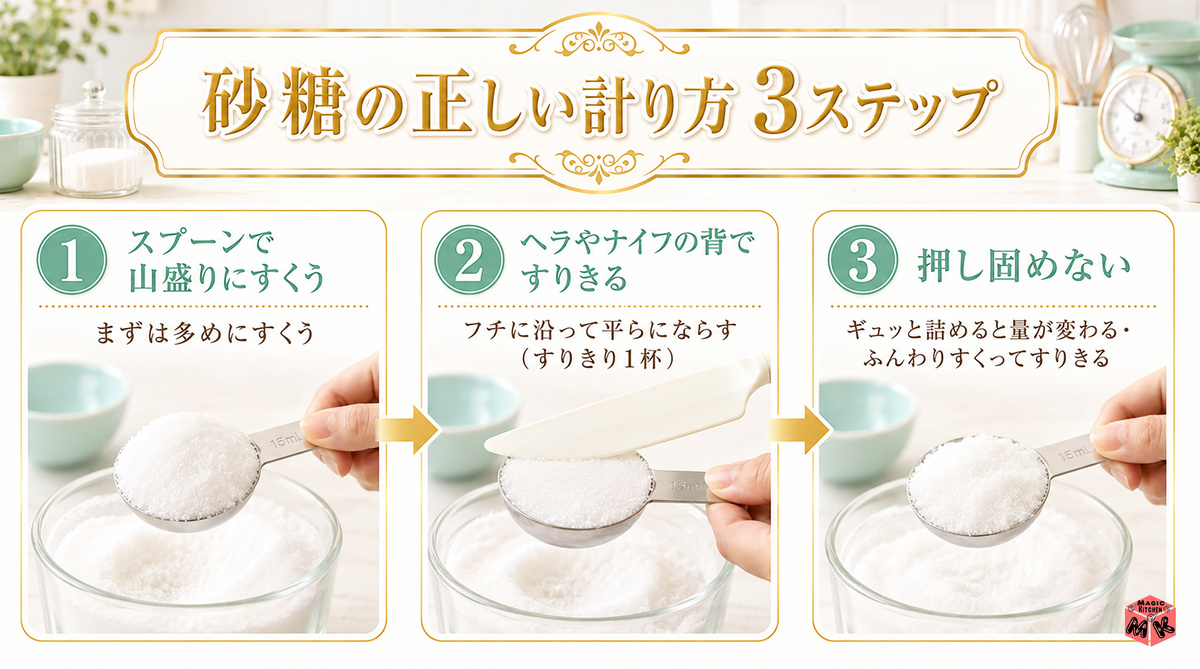 砂糖の正しい計り方 3ステップ
