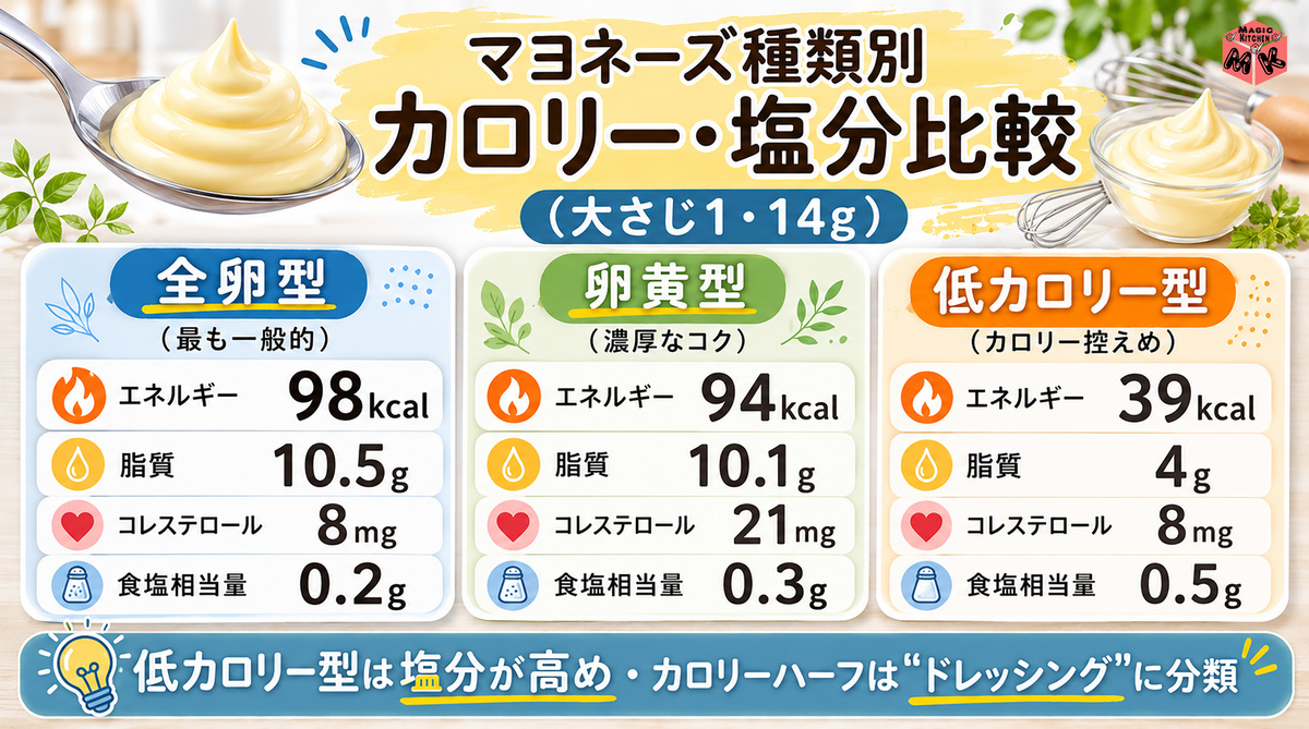 マヨネーズ 種類別カロリー・塩分比較