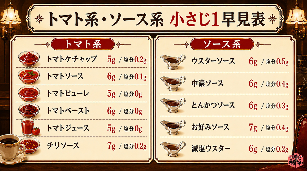 トマト系・ソース系小さじ1早見表