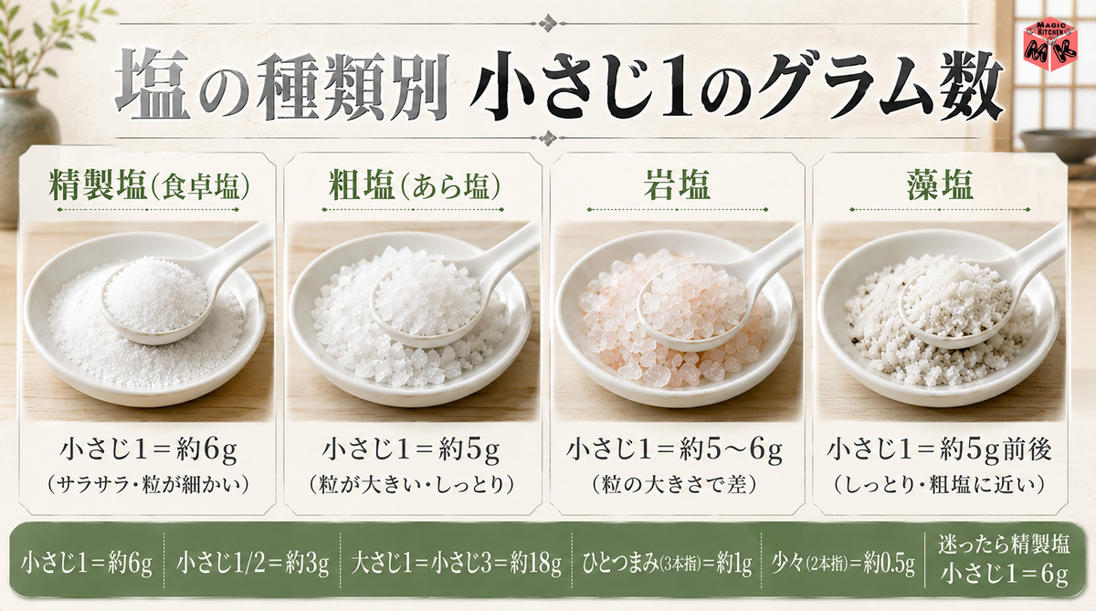 塩小さじ1 種類別グラム数