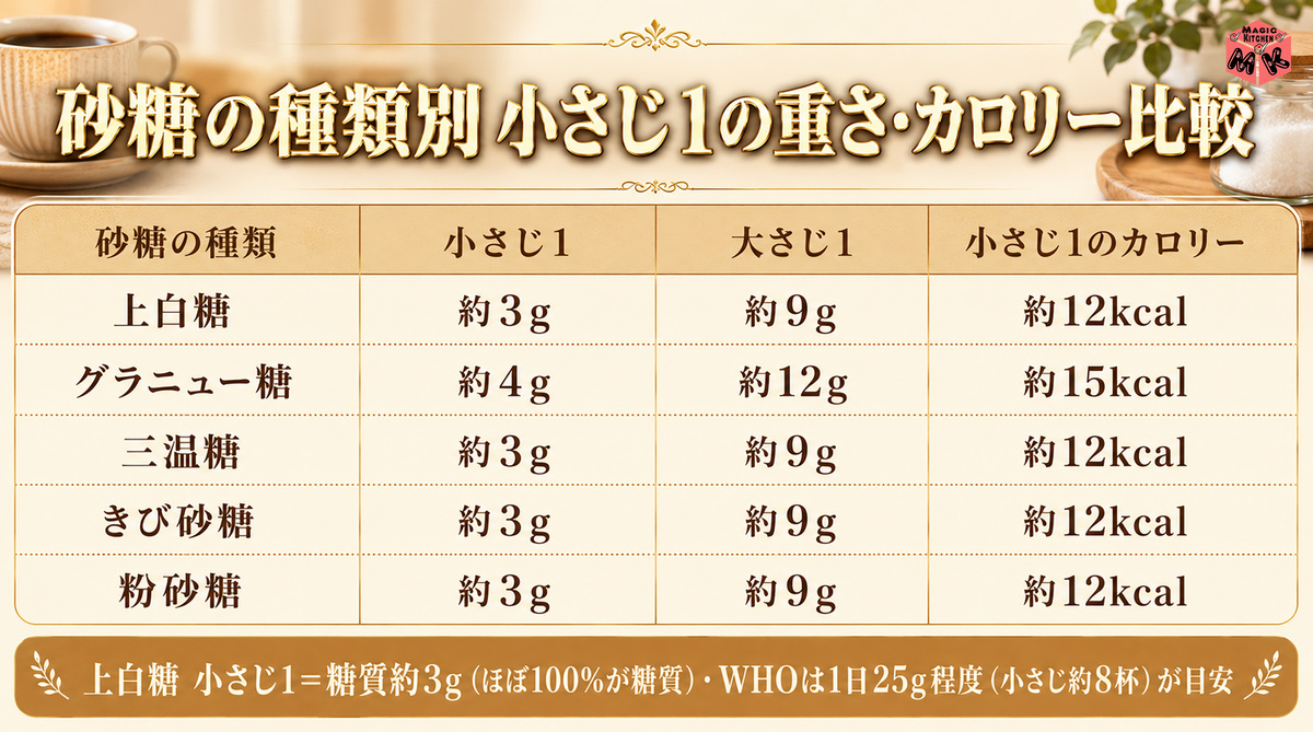 砂糖小さじ1 種類別カロリー比較