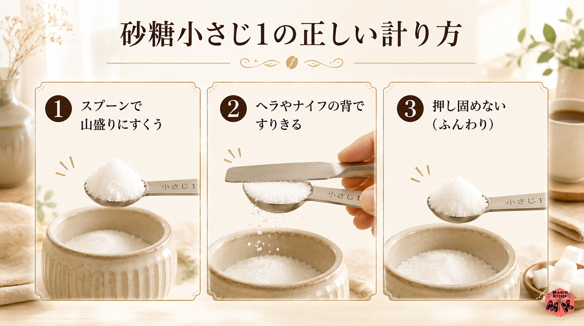 砂糖小さじ1の正しい計り方 3手順