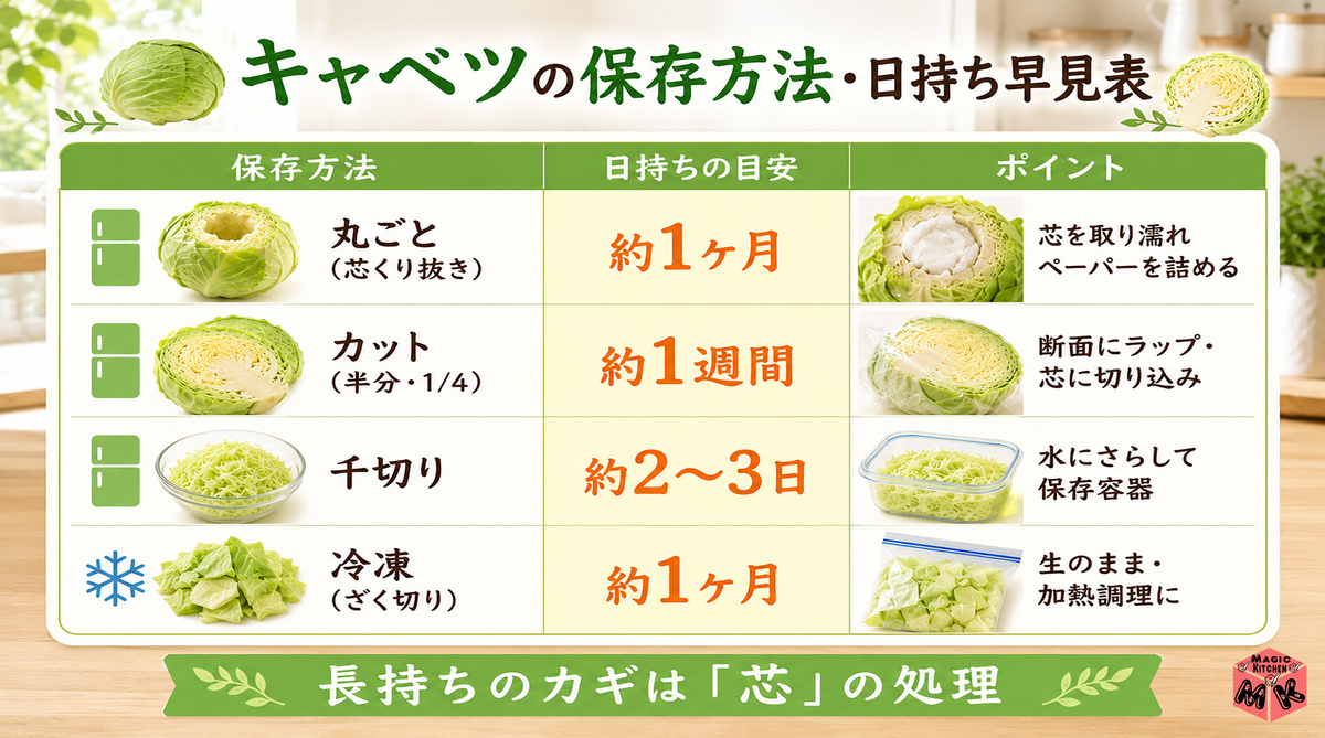 キャベツ保存方法別 日持ち早見表