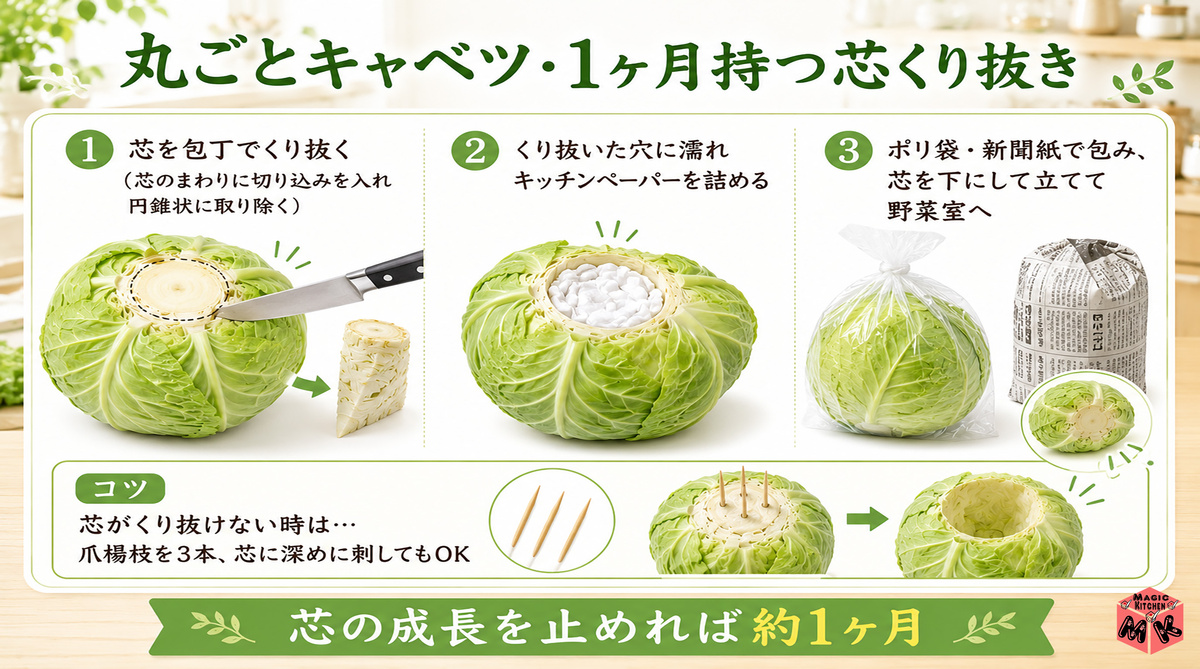 丸ごとキャベツ 芯くり抜き手順
