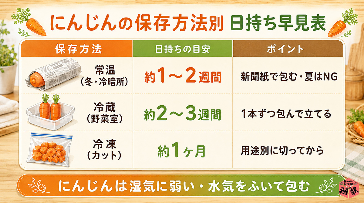 にんじん保存方法別 日持ち早見表