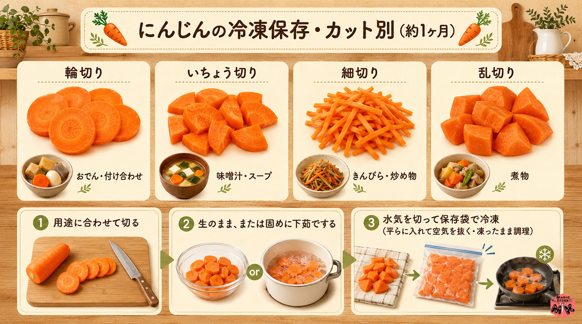 にんじん 冷凍保存・カット別3ステップ