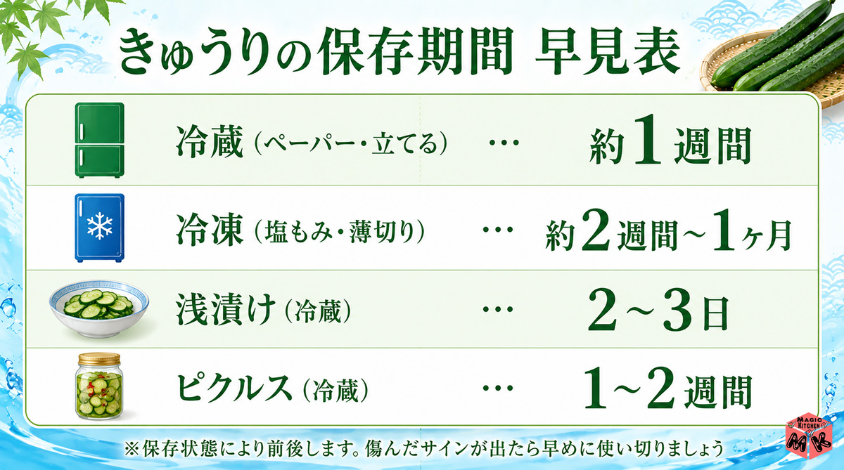 きゅうり保存方法早見表