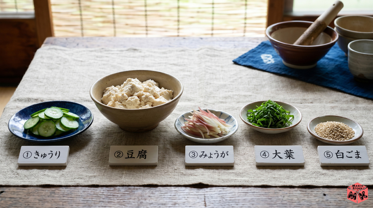 冷や汁 具材と薬味コラージュ
