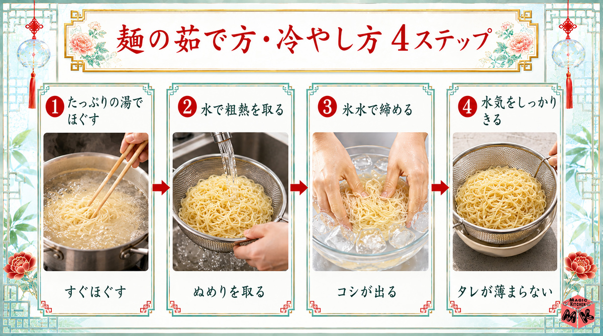 冷やし中華 麺の締め方4ステップ
