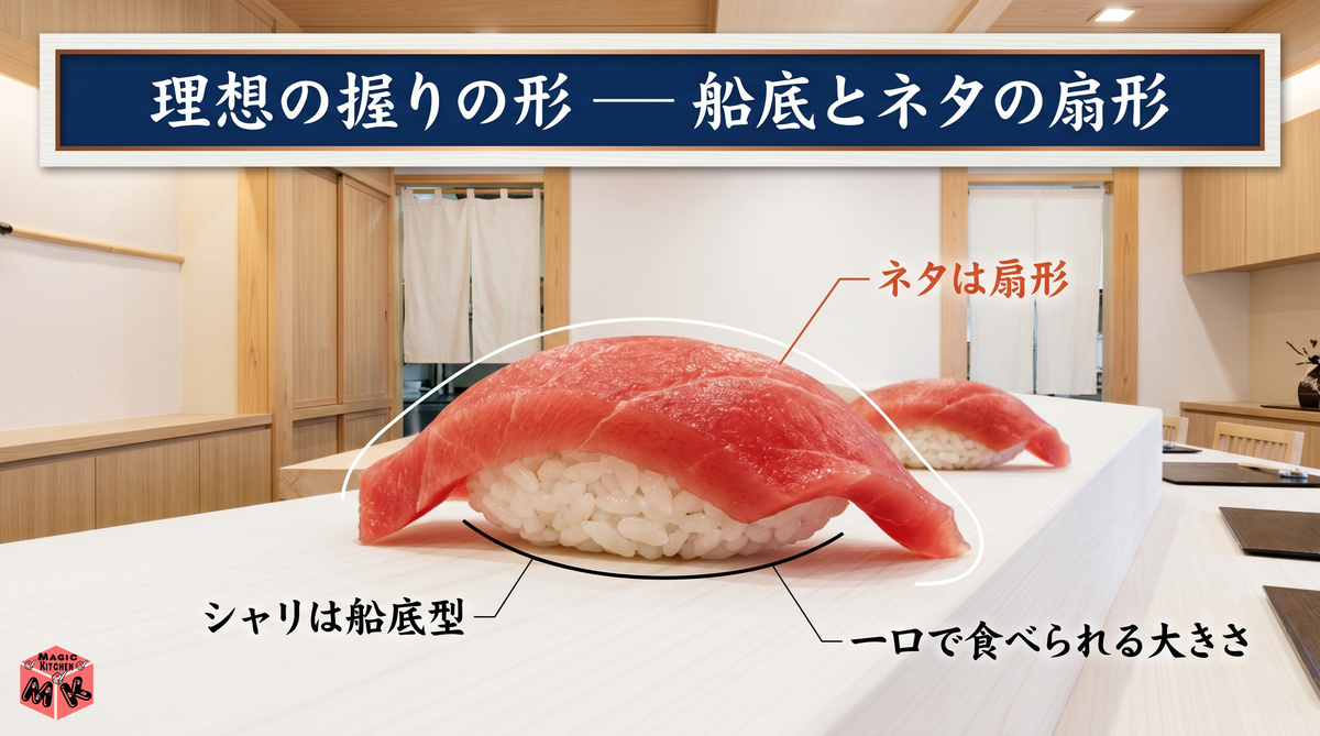 寿司の握り方 理想の握りの形・船底と扇形