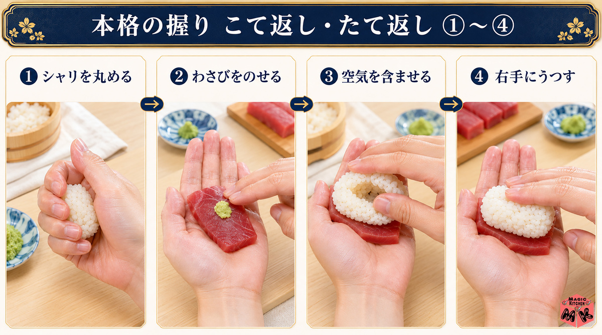 寿司の握り方 こて返し 前半①〜④